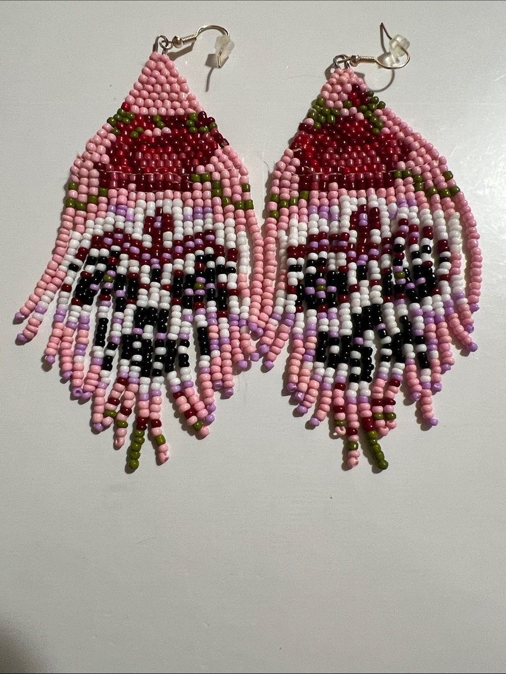 Pink Beaded Fringe Earrings with Floral Motif